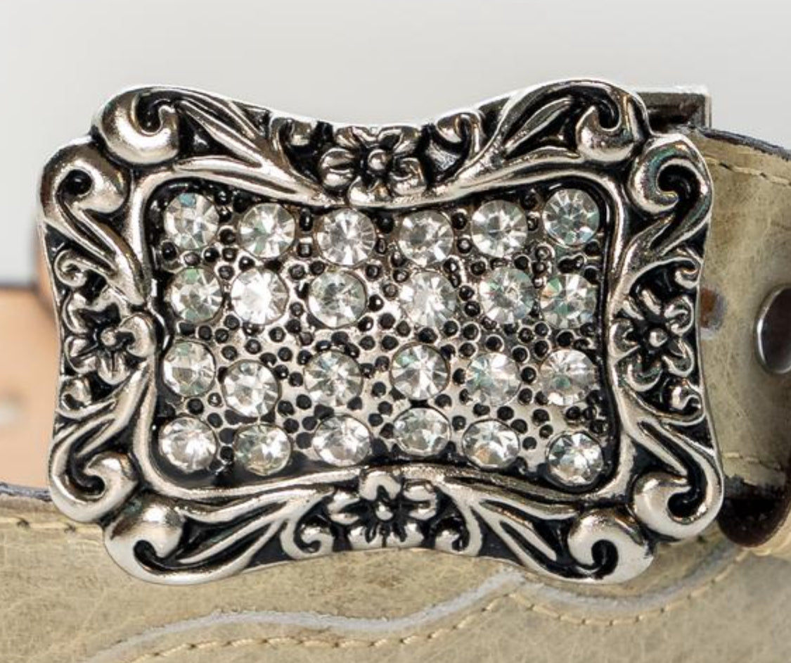 The Elia/ White Rhinestone Leather Belt