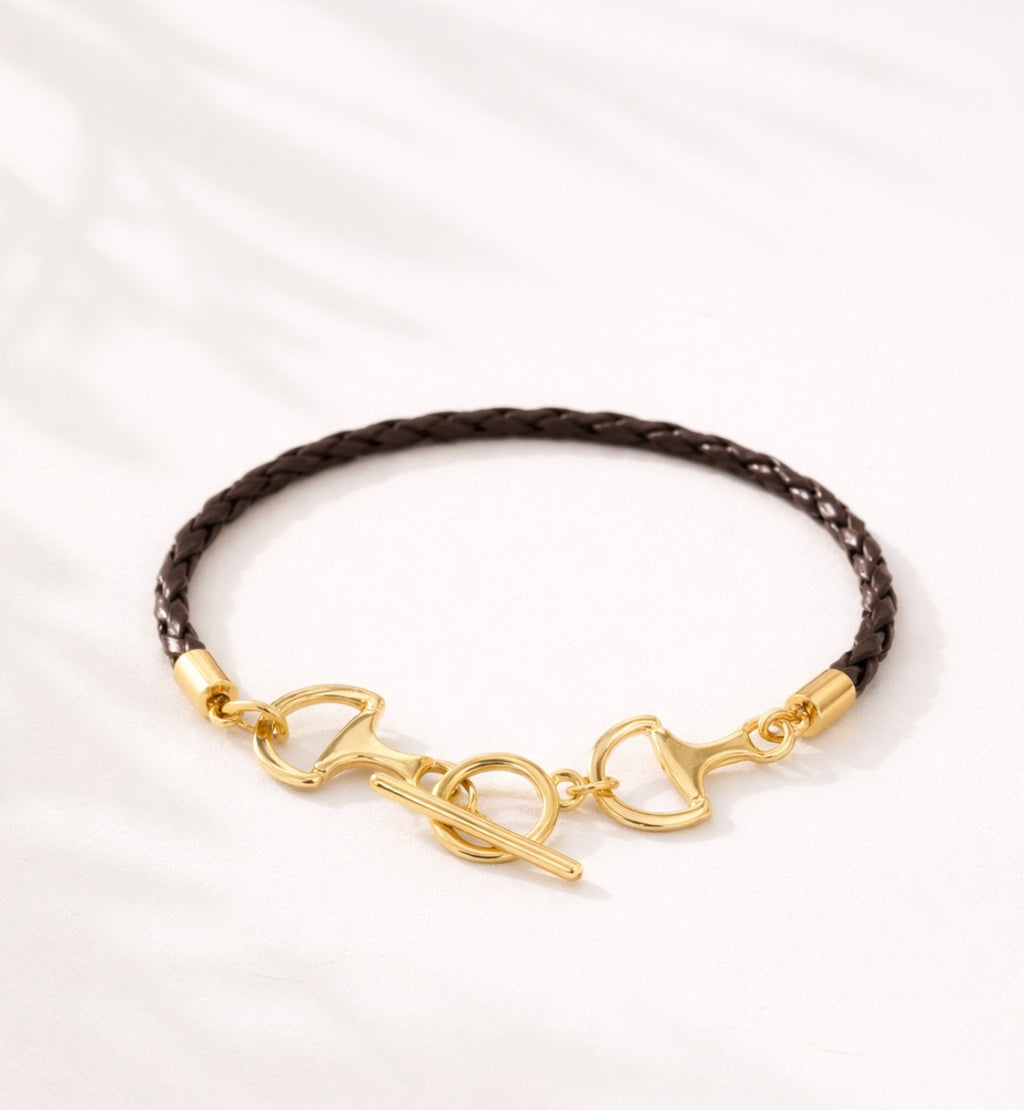 Double Horsebit Toggle Braided Leather Cord Bracelet