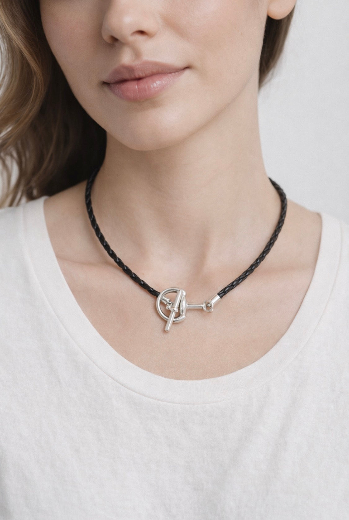 Horsebit Toggle Braided Leather Cord Necklace